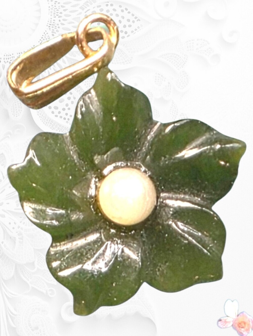 Gold Bail Green Flower Necklace Pendant with Pearl Center